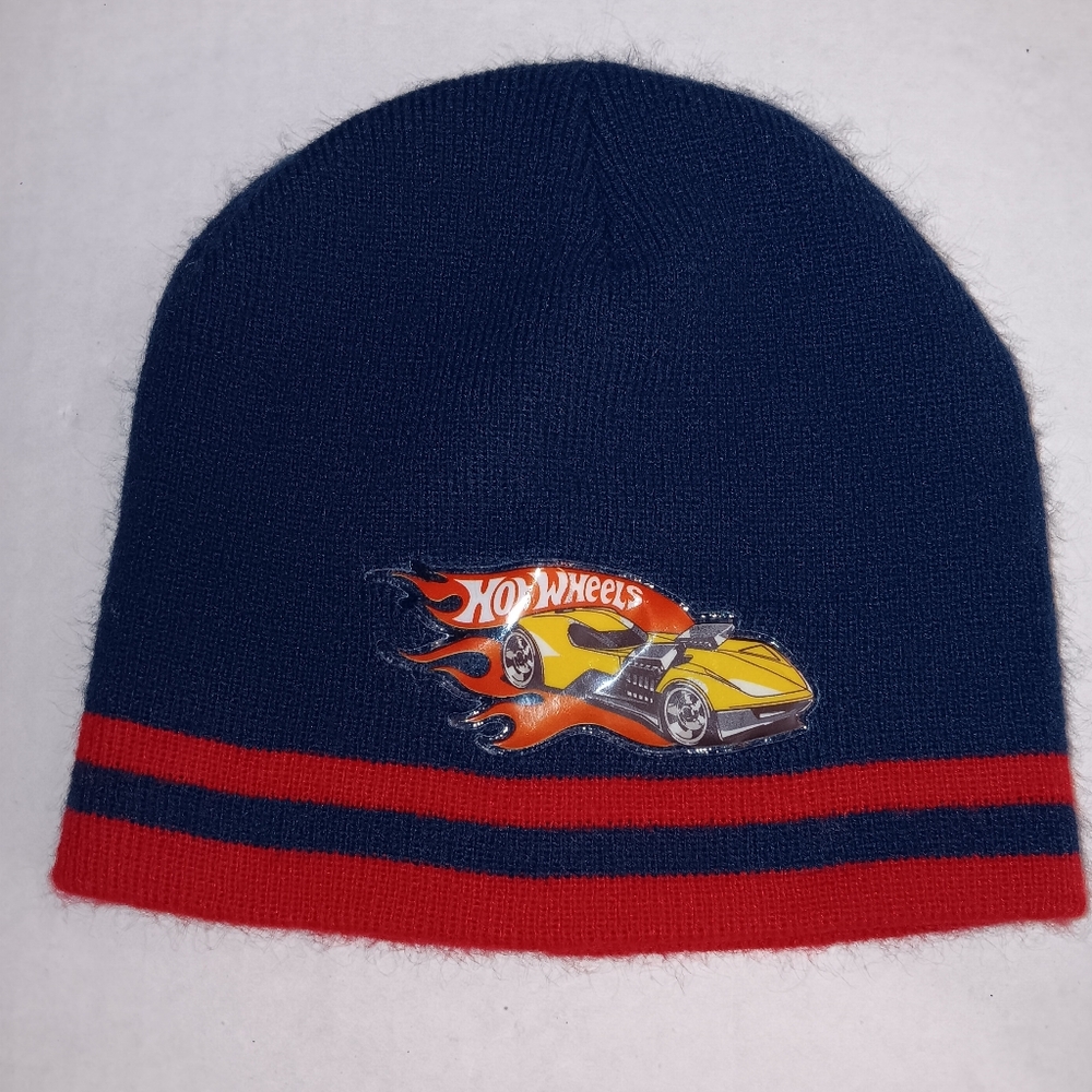 Vintage Kids Hot Wheels Race Car Navy Red Stripe Beanie Hat  Retro